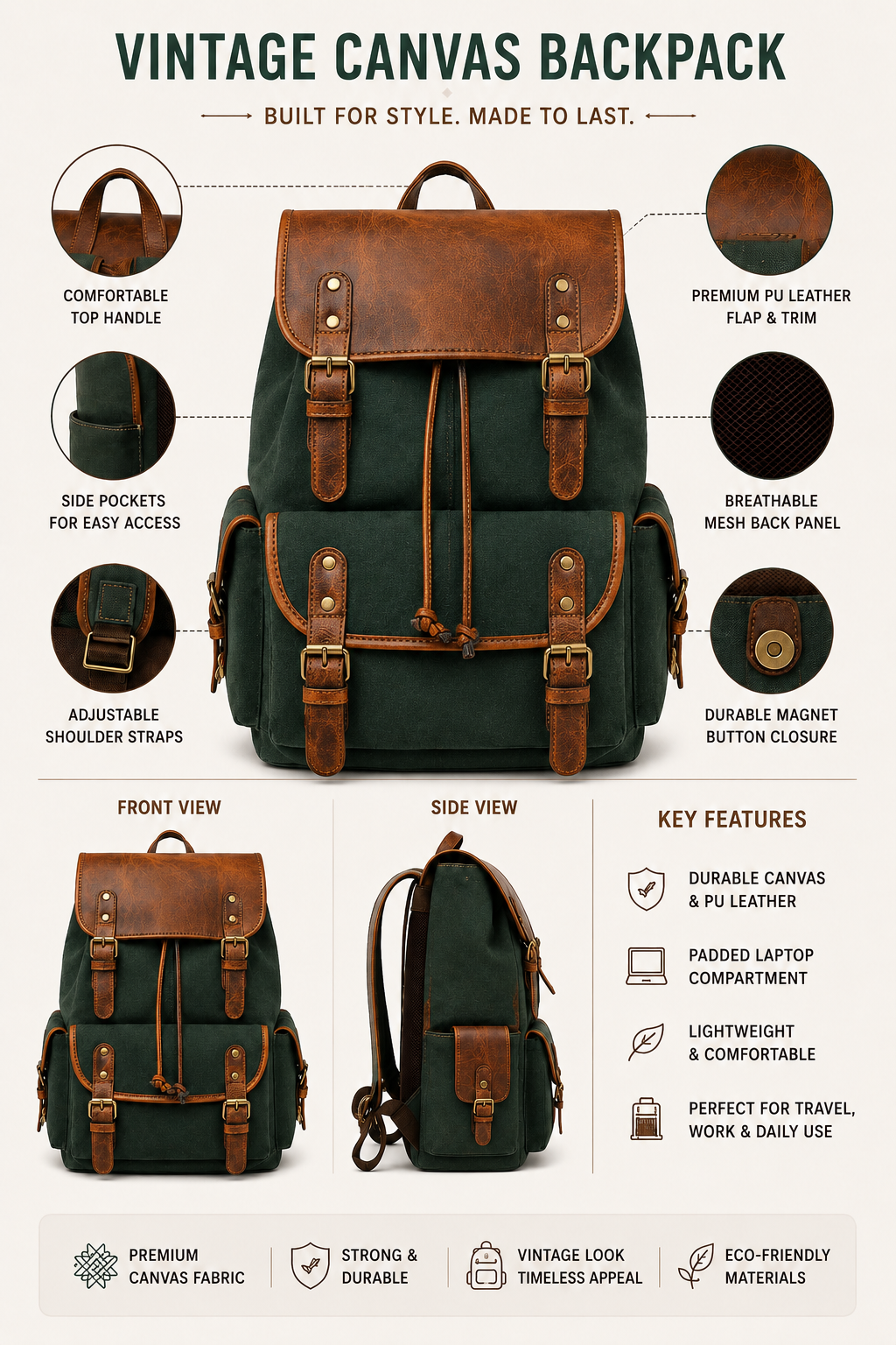 Vintage Canvas & Leather Backpack – Green