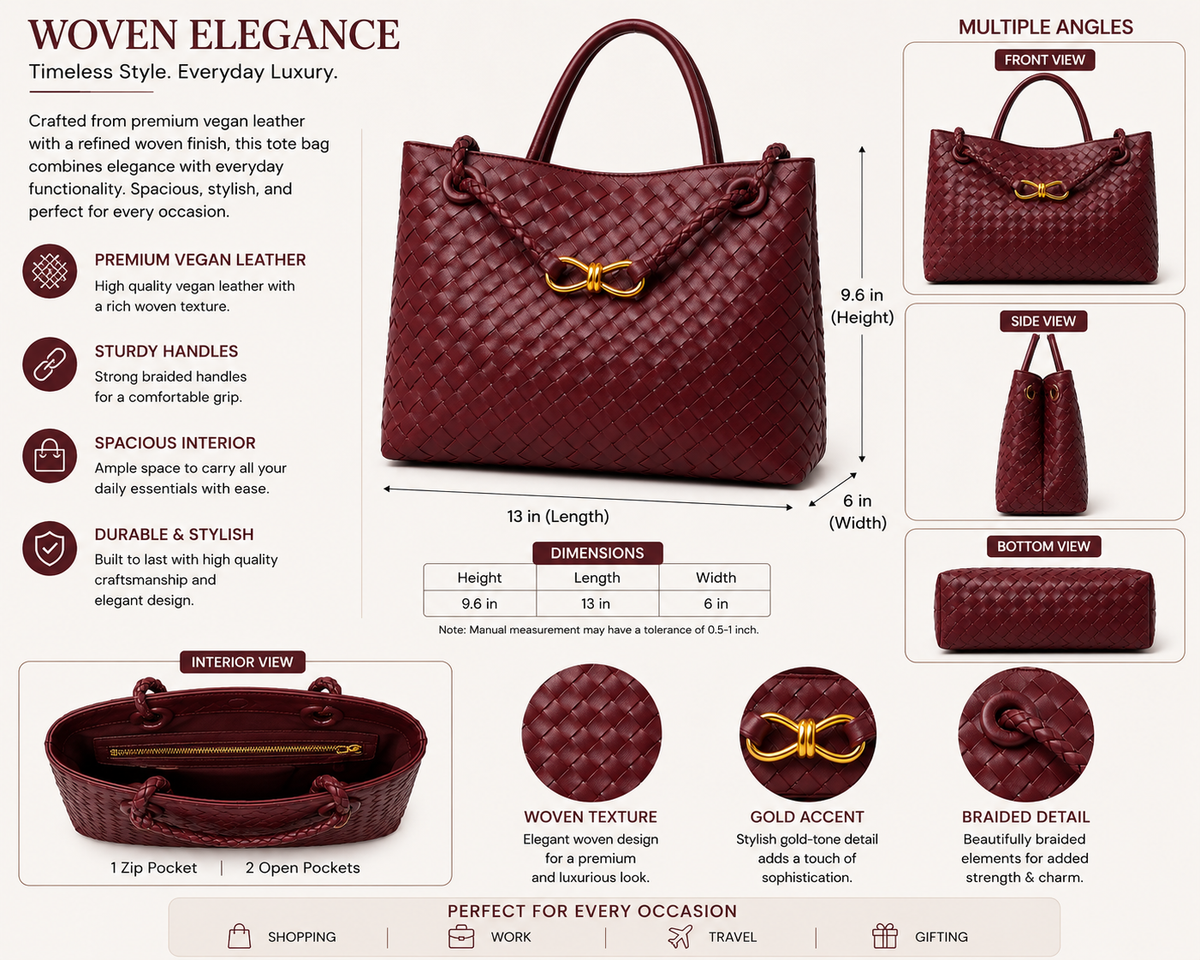 Braided PU Tote Bag - Burgundy