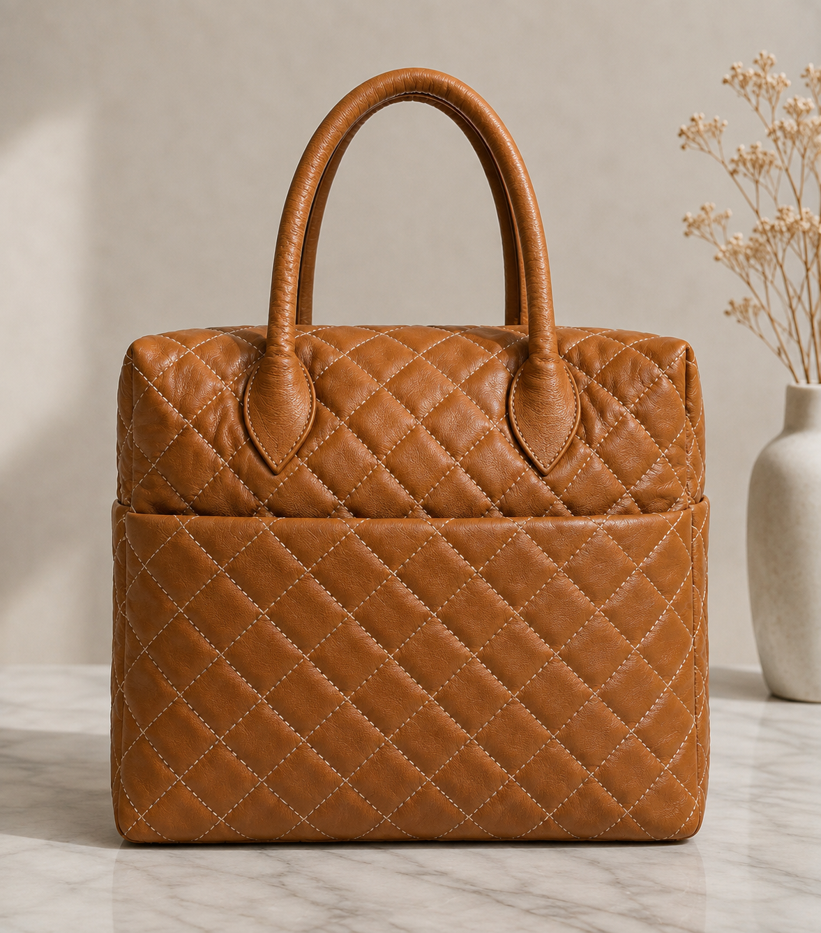 Premium Quilted Genuine Leather Tote Bag - Tan