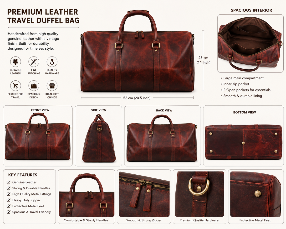 Vintage Leather Travel Duffel Bag – Reddish Brown