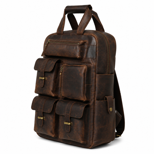 Multi-Pocket Vintage Leather Backpack - Dark Brown