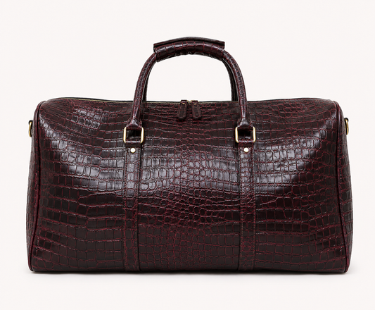 Crocodile Embossed Leather Duffle Bag - Burgundy