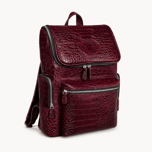 Premium Full-Grain Leather Crocodile Embossed Backpack - Burgundy