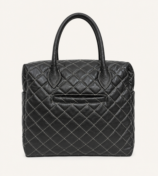 Premium Quilted Genuine Leather Tote Bag - Black