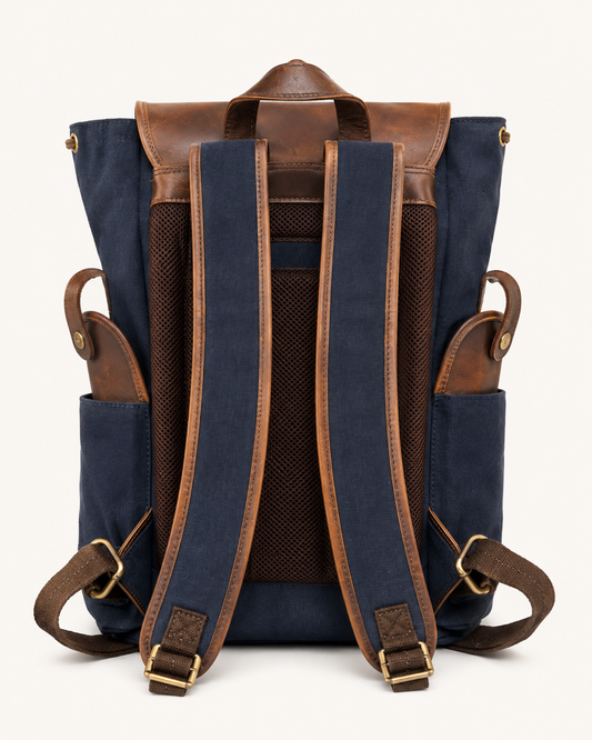 Vintage Canvas & Leather Backpack – Blue