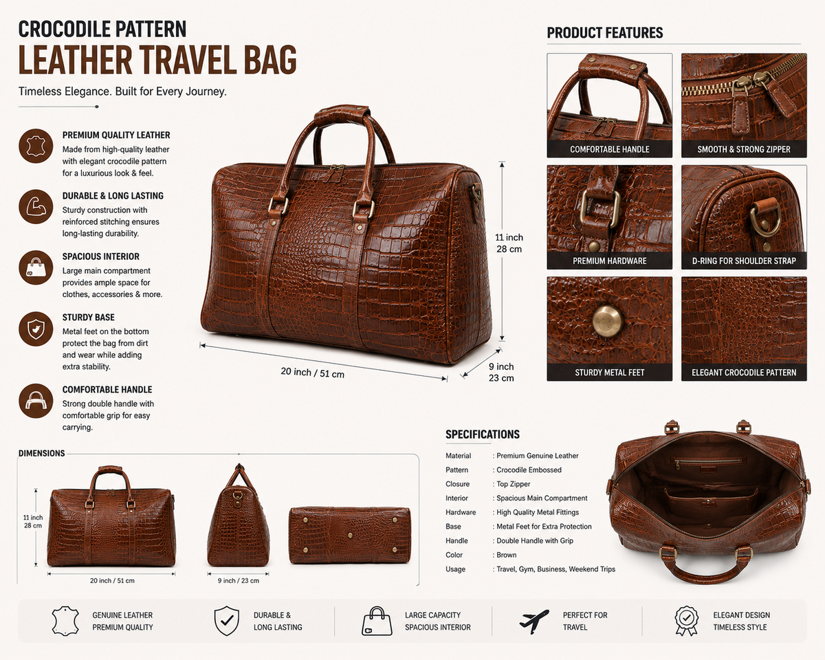 Crocodile Embossed Leather Duffle Bag - Brown