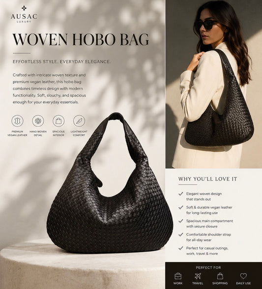 Woven Leather Hobo Bag - Black