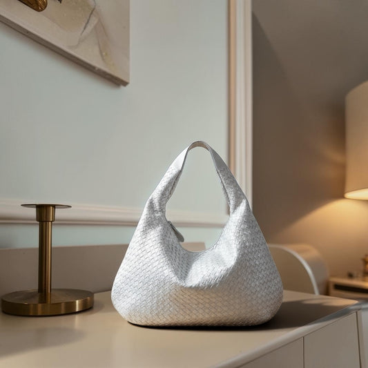 Woven Leather Hobo Bag - Silver