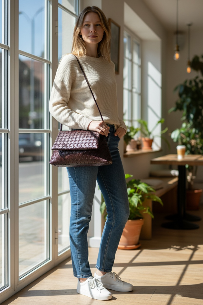 Woven Leather Flap Bag - Brown