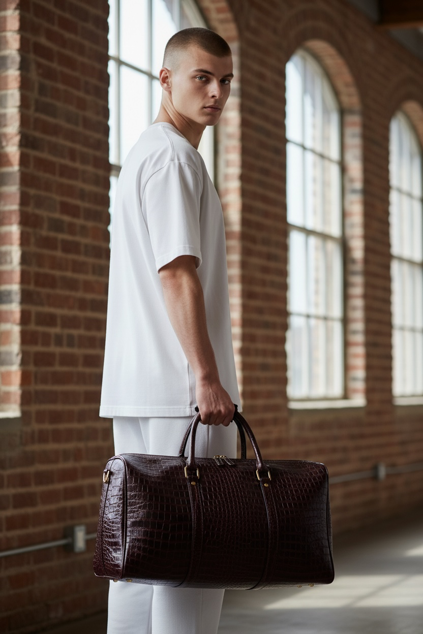 Crocodile Embossed Leather Duffle Bag - Burgundy