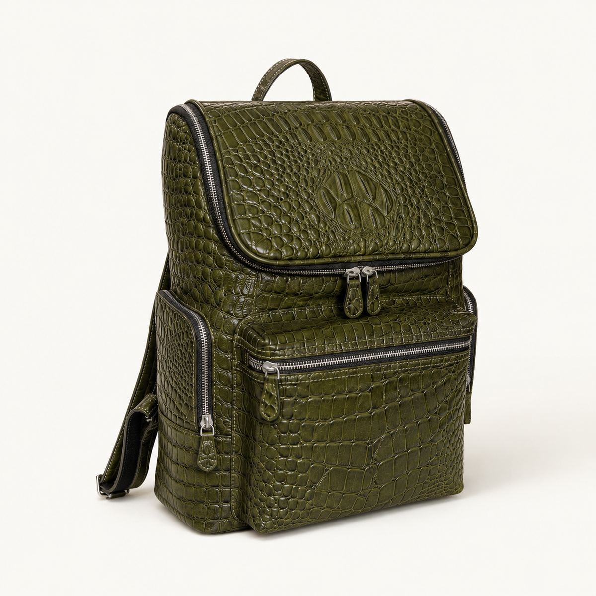Premium Full-Grain Leather Crocodile Embossed Backpack - Olive Green