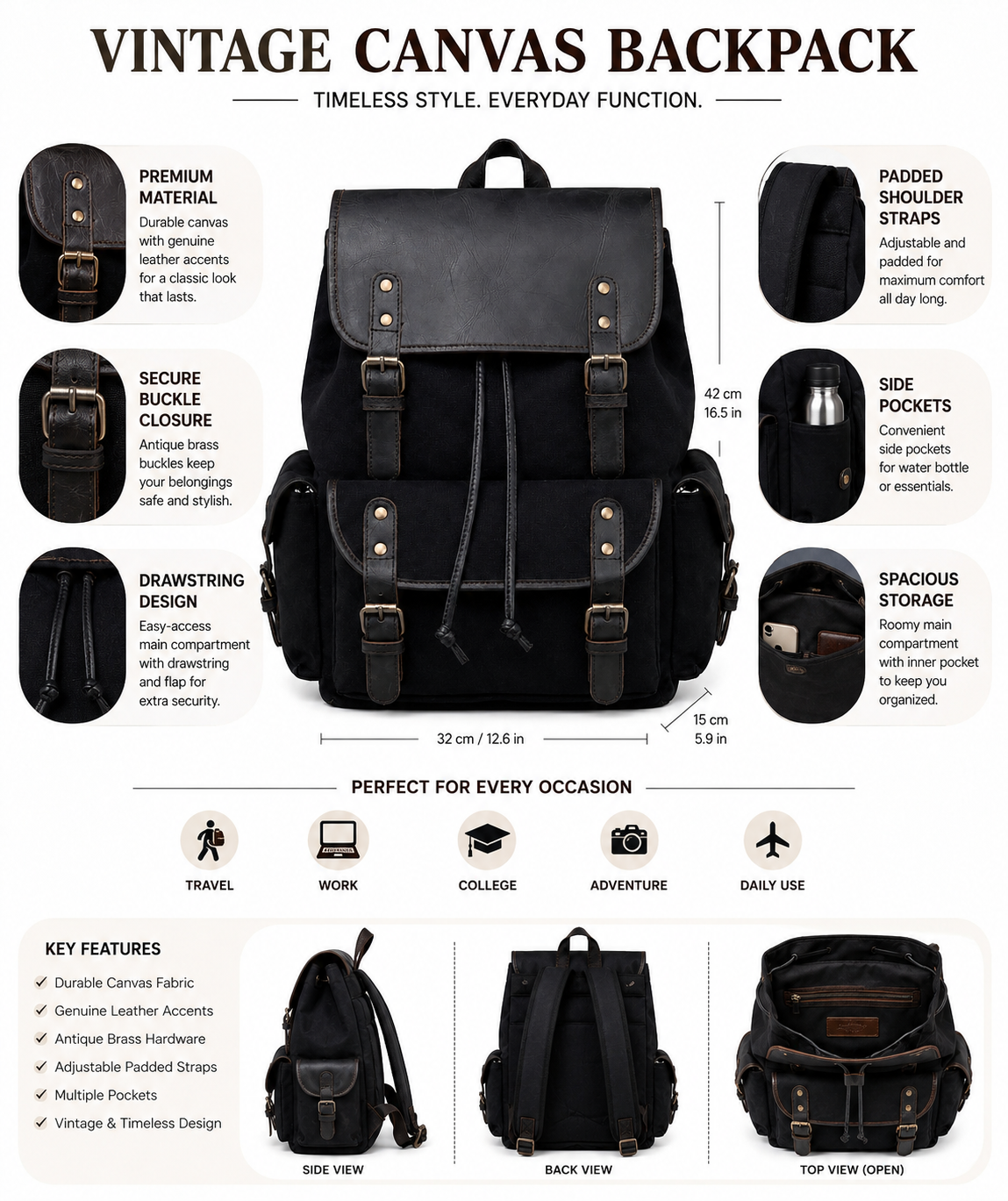 Vintage Canvas & Leather Backpack – Black