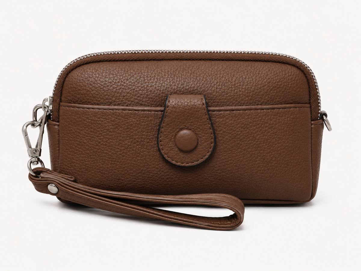 Brown Leather Wristlet Clutch