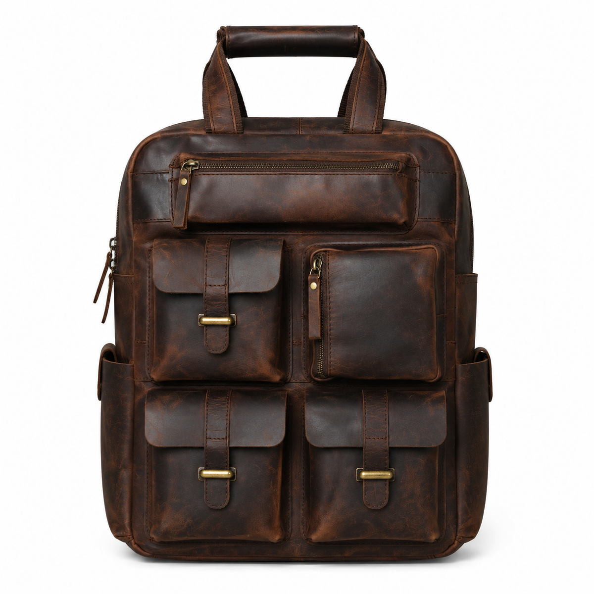 Multi-Pocket Vintage Leather Backpack - Dark Brown