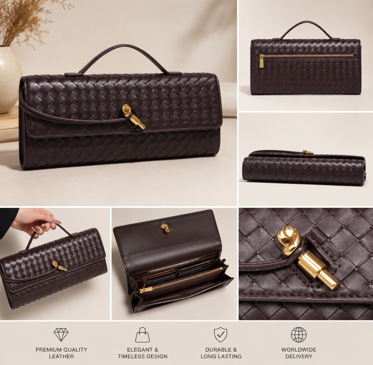 Braided PU Leather Clutch Bag - Brown