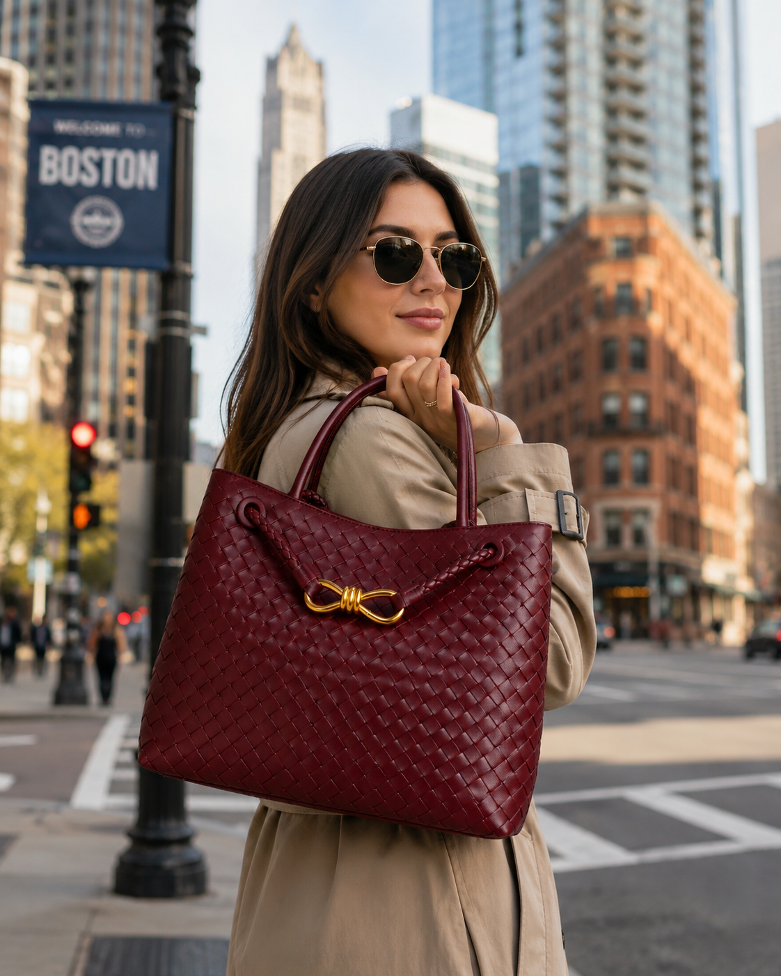 Braided PU Tote Bag - Burgundy