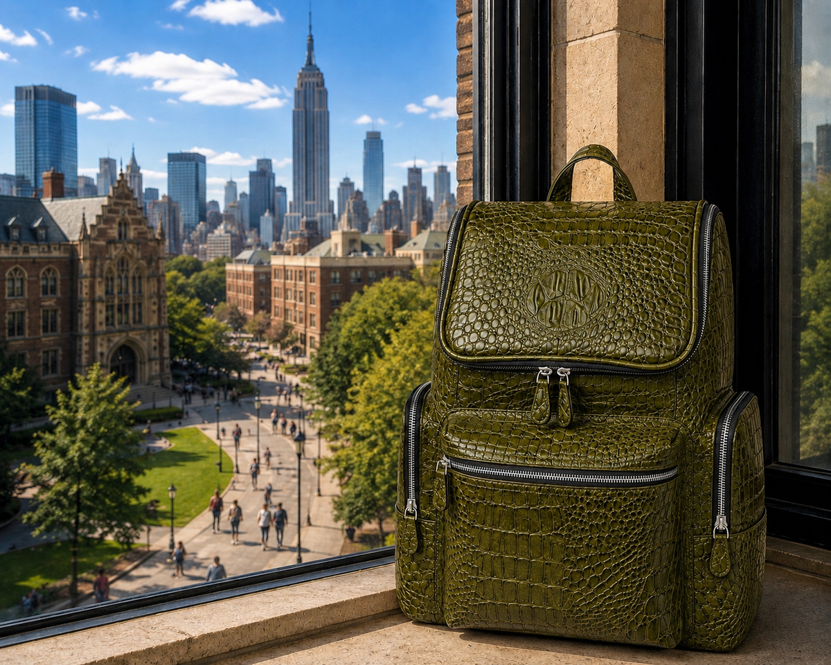 Premium Full-Grain Leather Crocodile Embossed Backpack - Olive Green