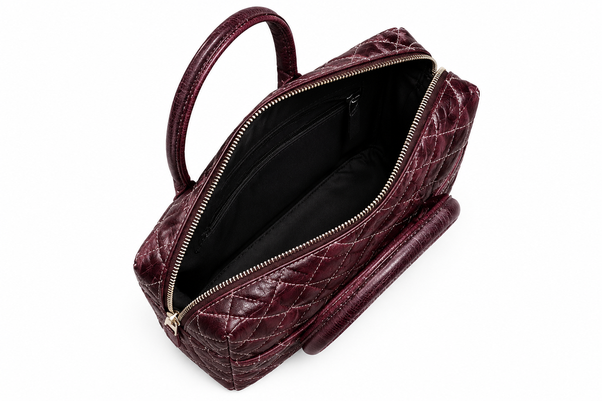 Premium Quilted Genuine Leather Tote Bag - Burgundy