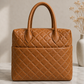 Premium Quilted Genuine Leather Tote Bag - Tan