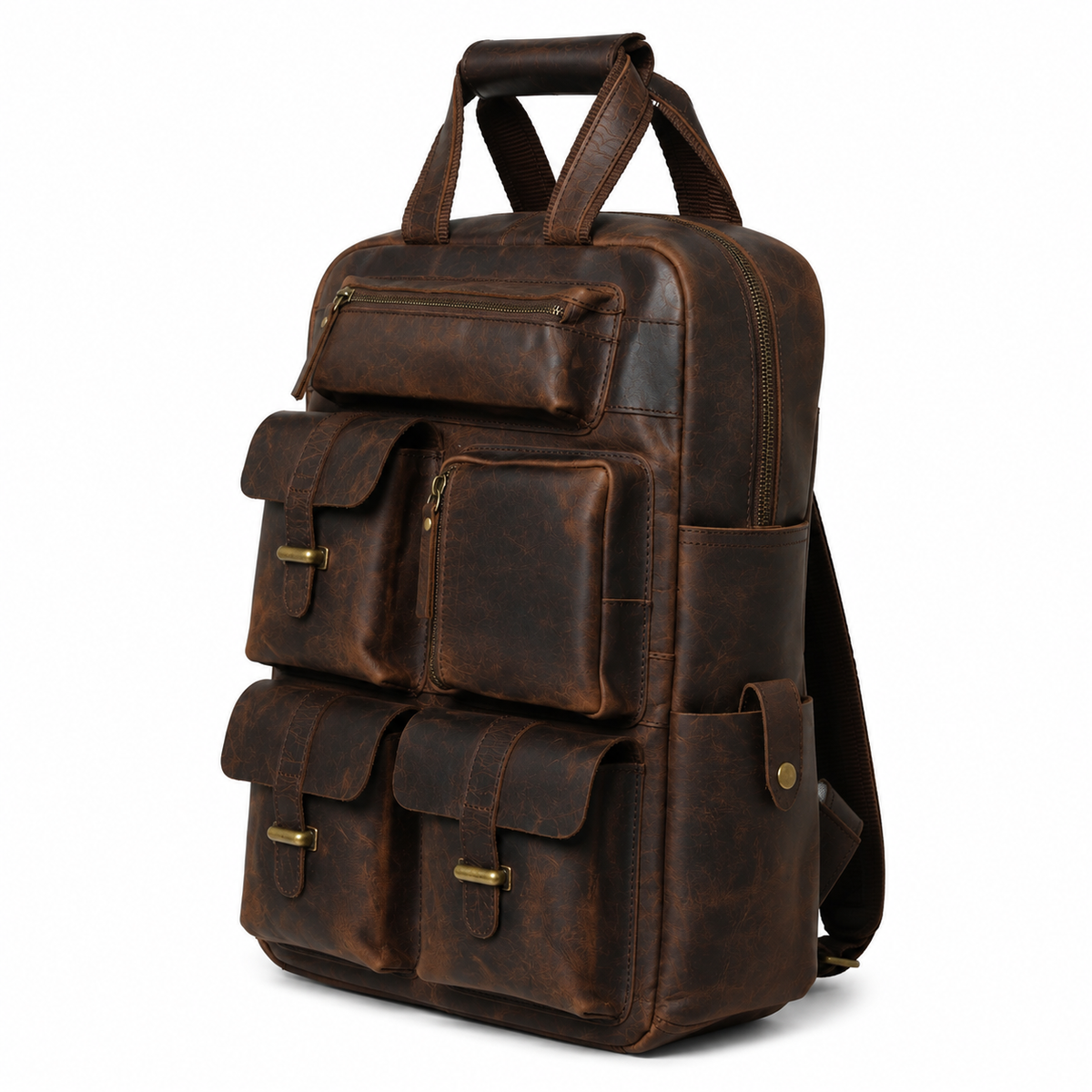 Multi-Pocket Vintage Leather Backpack - Dark Brown