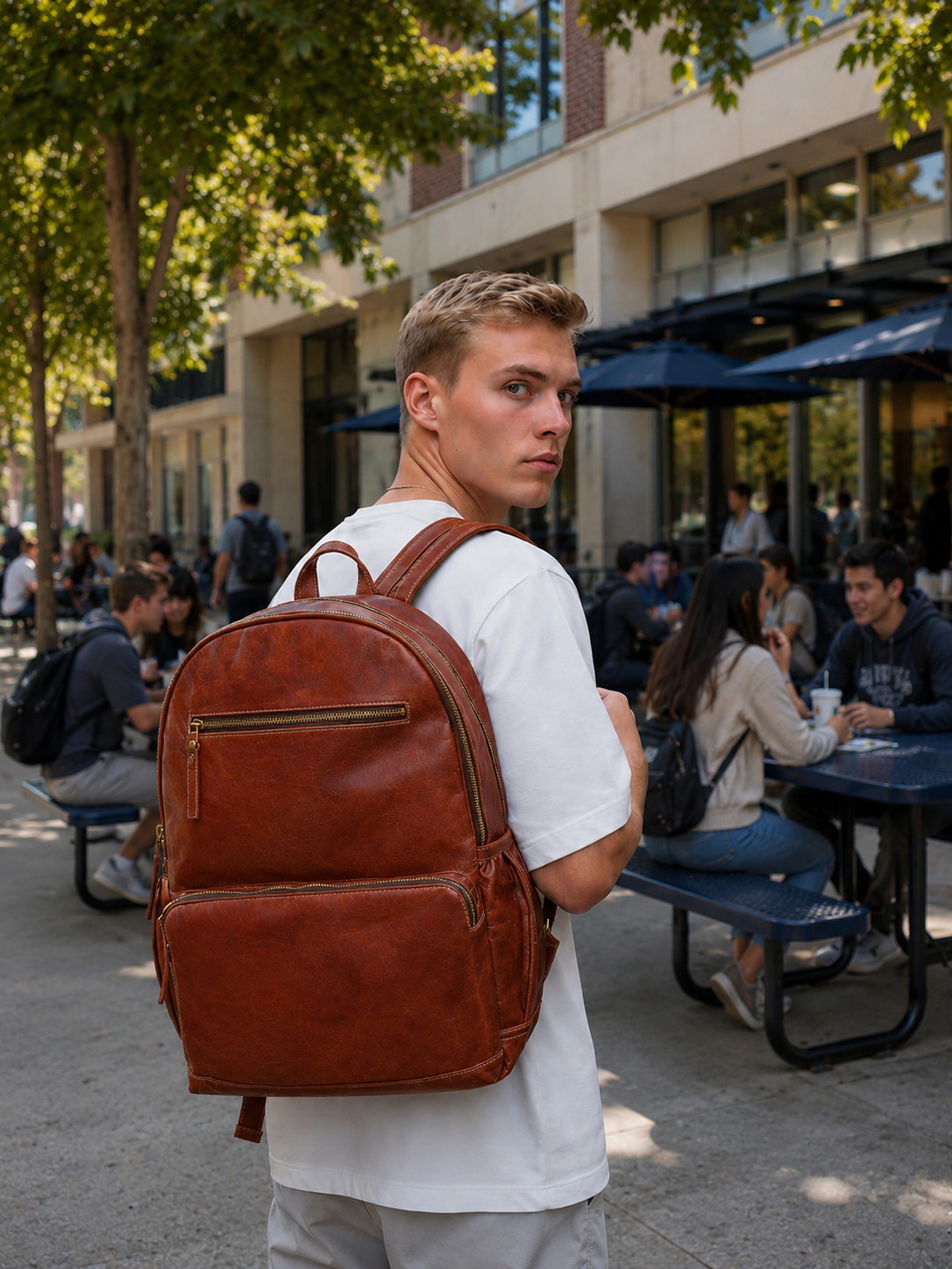Premium Genuine Leather Laptop Backpack - Tan