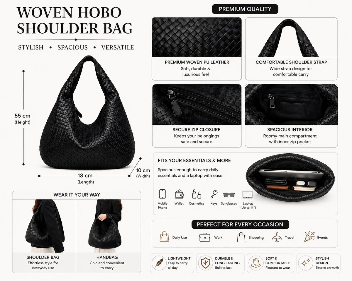 Woven Leather Hobo Bag - Black