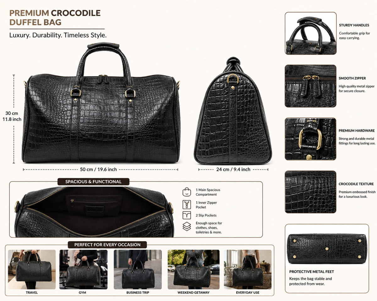 Crocodile Embossed Leather Duffle Bag - Grey Black
