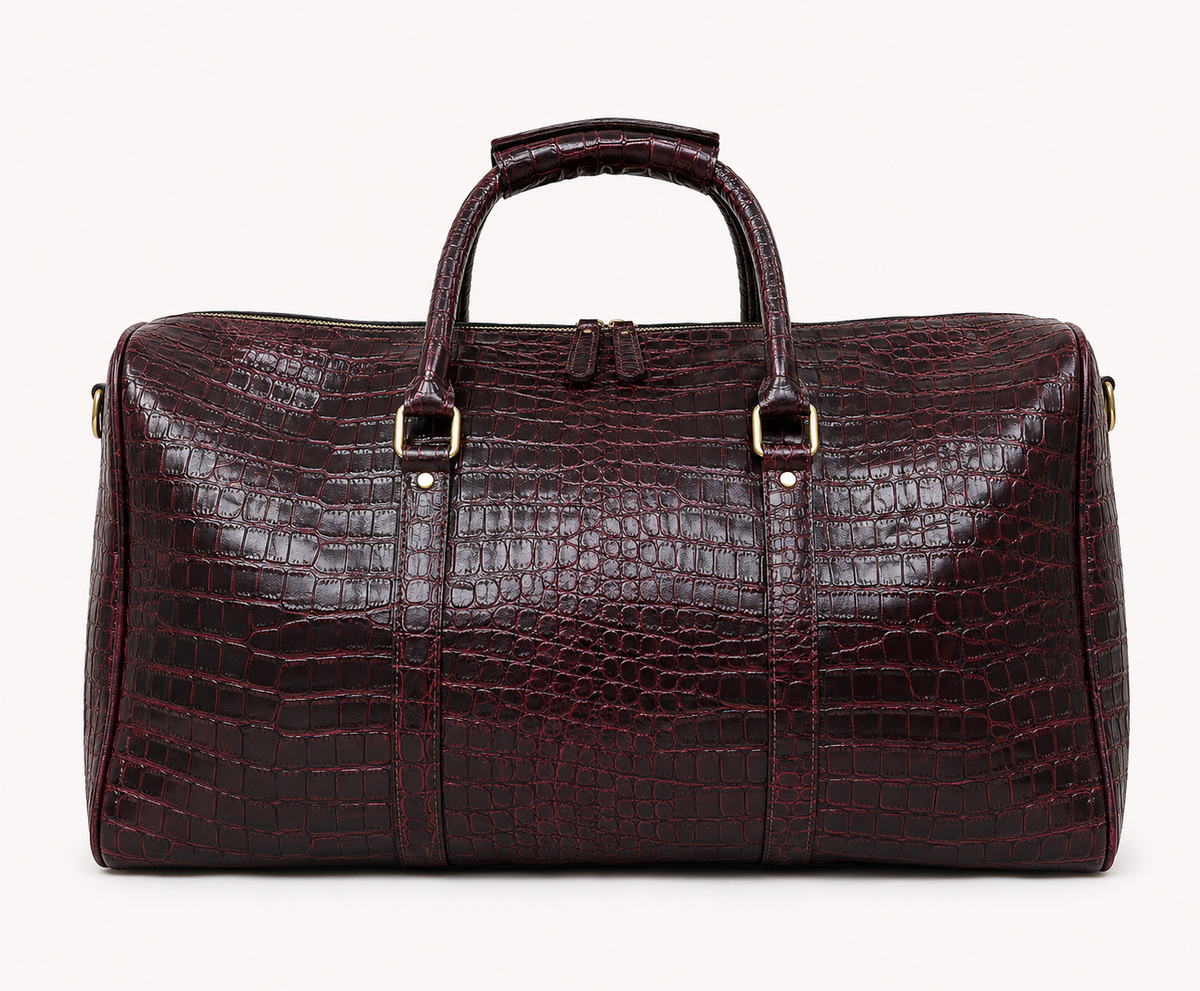 Crocodile Embossed Leather Duffle Bag - Burgundy
