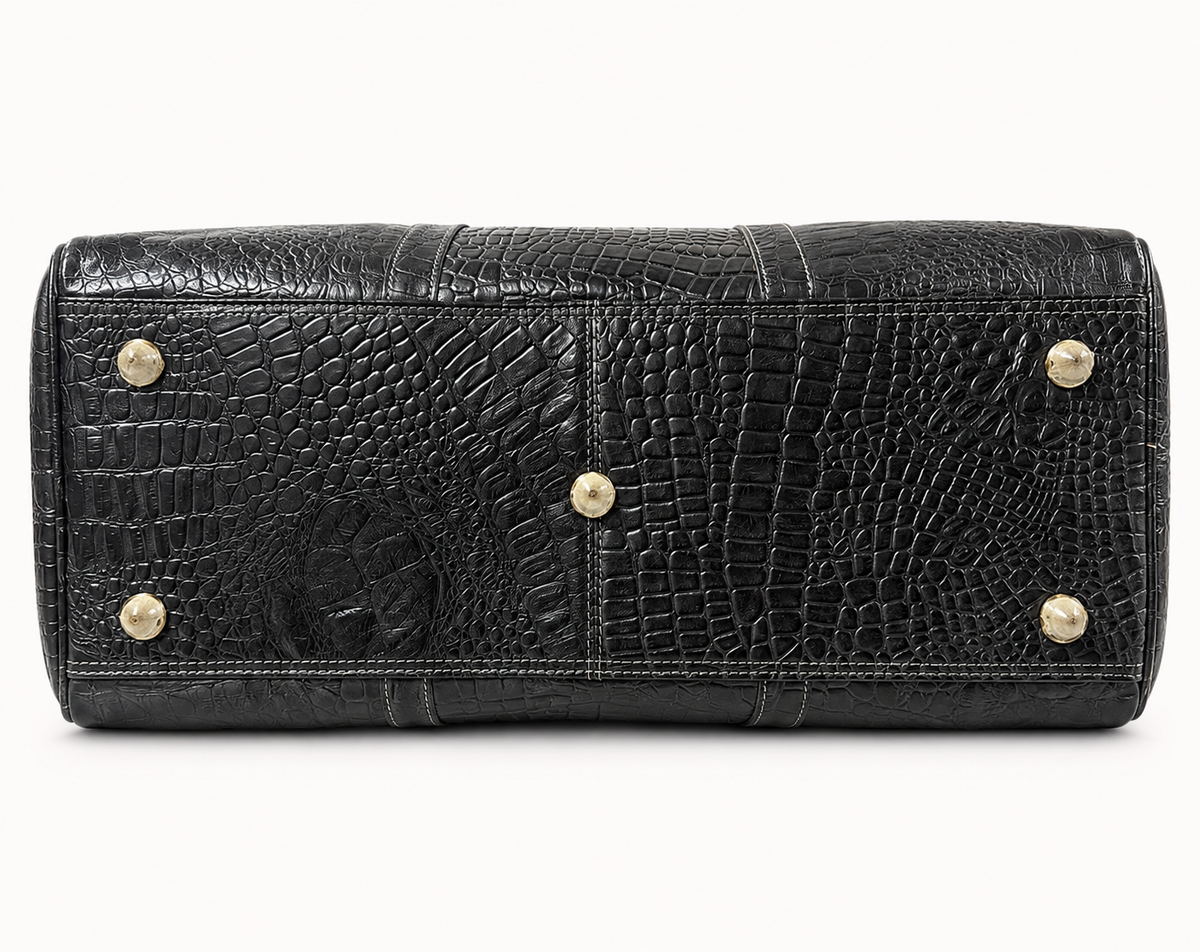 Crocodile Embossed Leather Duffle Bag - Grey Black