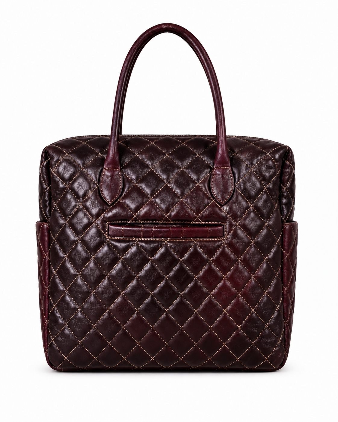 Premium Quilted Genuine Leather Tote Bag - Burgundy