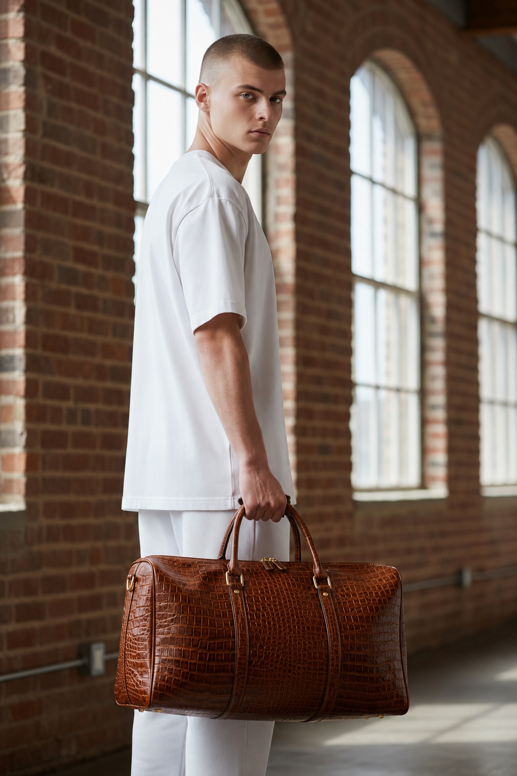 Crocodile Embossed Leather Duffle Bag - Brown