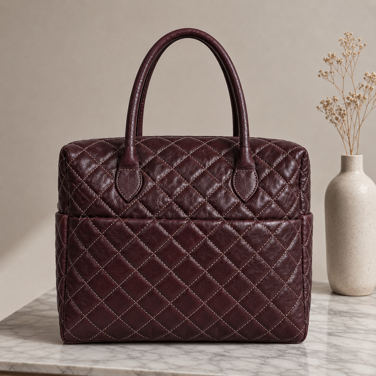 Premium Quilted Genuine Leather Tote Bag - Burgundy