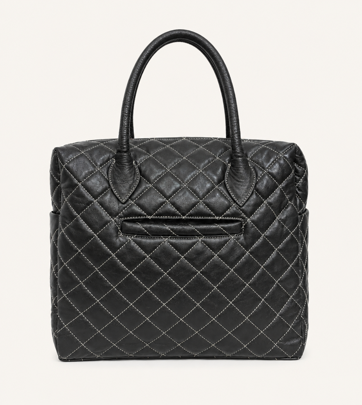 Premium Quilted Genuine Leather Tote Bag - Black