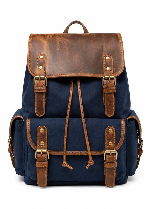 Vintage Canvas & Leather Backpack – Blue