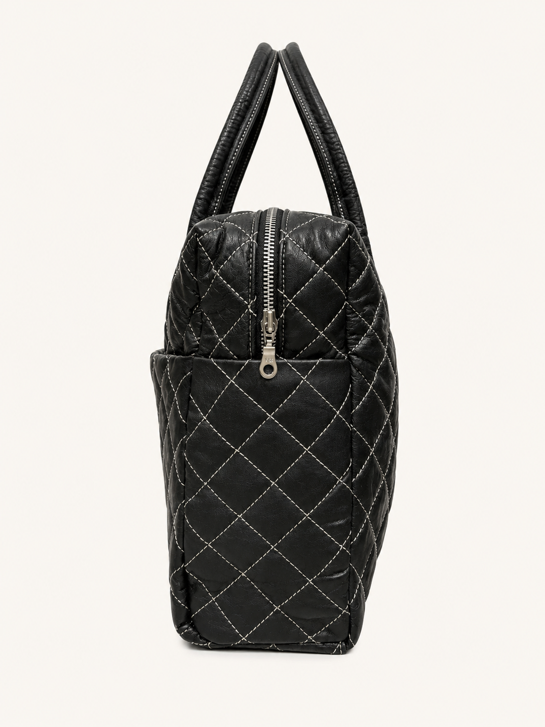 Premium Quilted Genuine Leather Tote Bag - Black