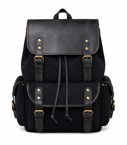 Vintage Canvas & Leather Backpack – Black