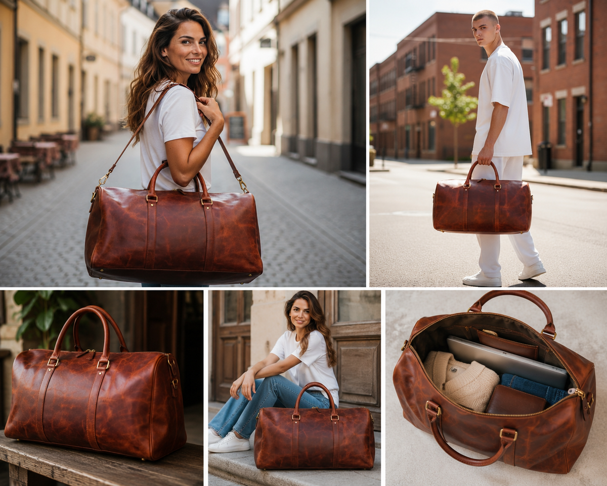 Vintage Leather Travel Duffel Bag – Reddish Brown