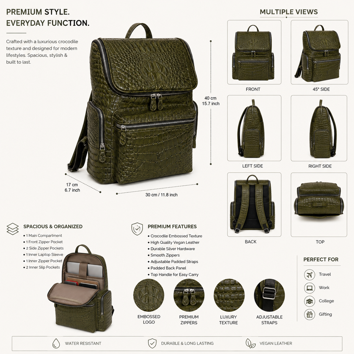 Premium Full-Grain Leather Crocodile Embossed Backpack - Olive Green