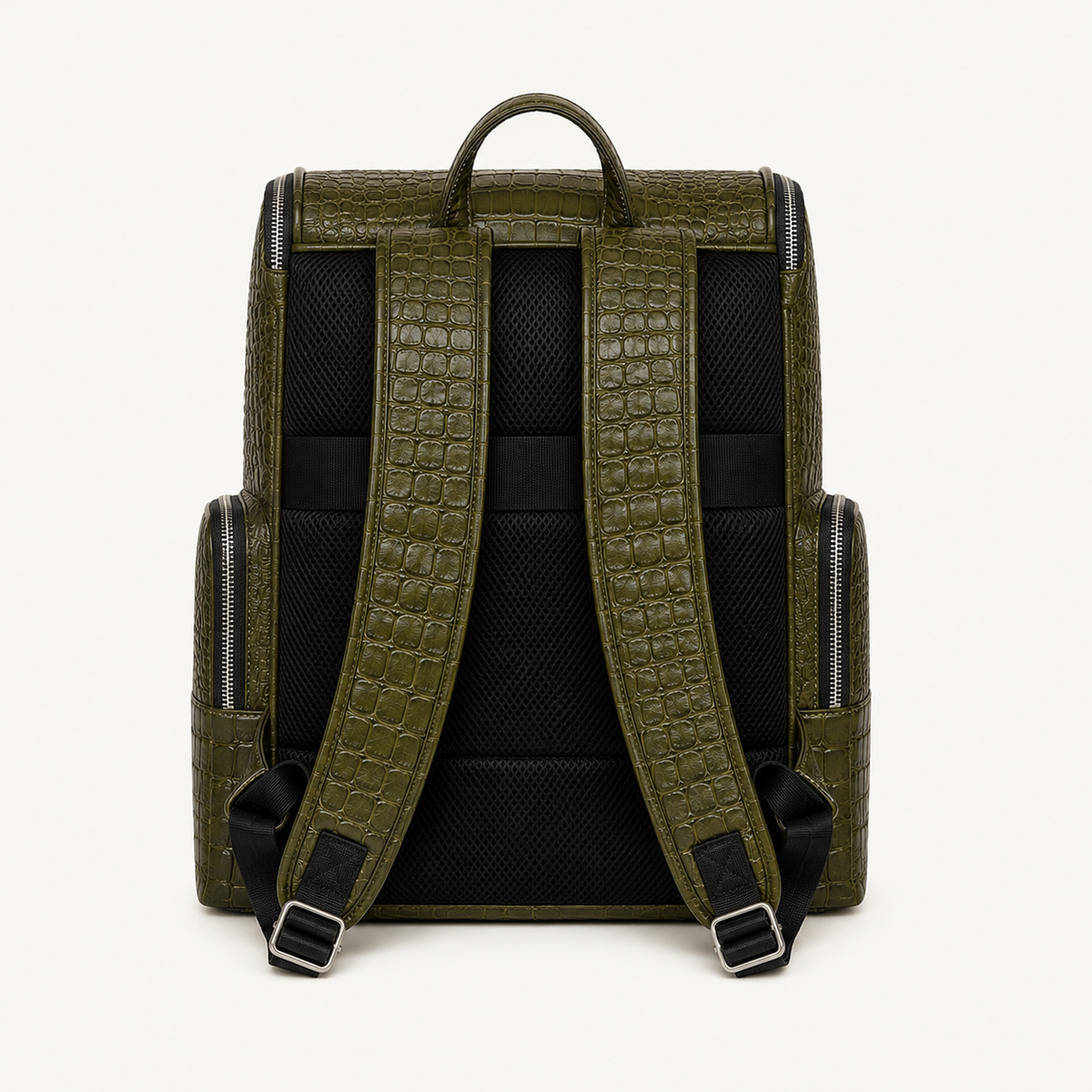 Premium Full-Grain Leather Crocodile Embossed Backpack - Olive Green