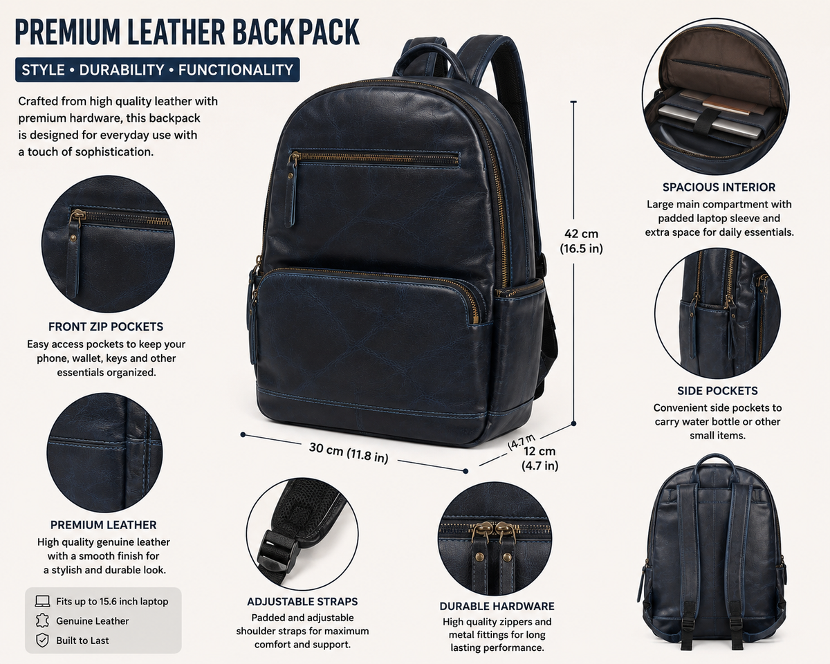 Premium Genuine Leather Laptop Backpack - Dark Green