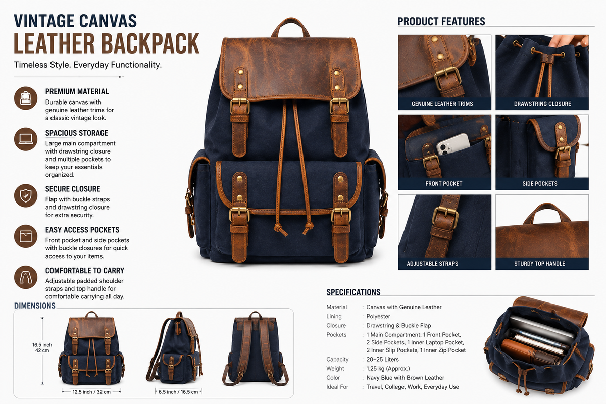 Vintage Canvas & Leather Backpack – Blue