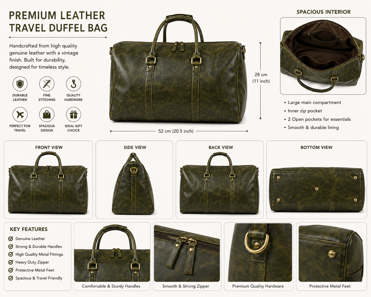 Vintage Leather Travel Duffel Bag – Green