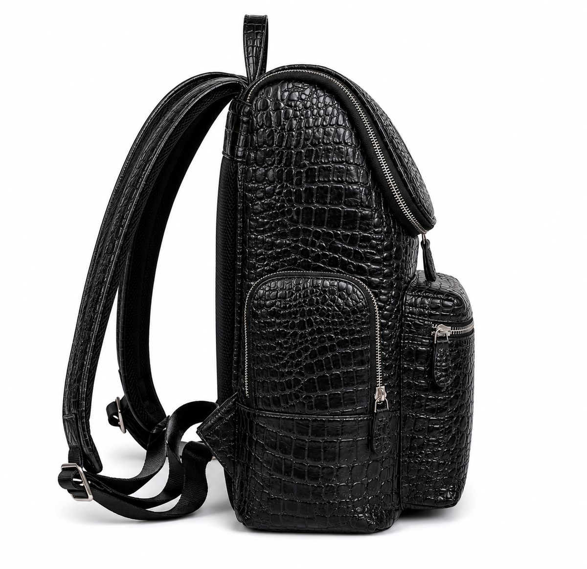Premium Full-Grain Leather Crocodile Embossed Backpack - Black