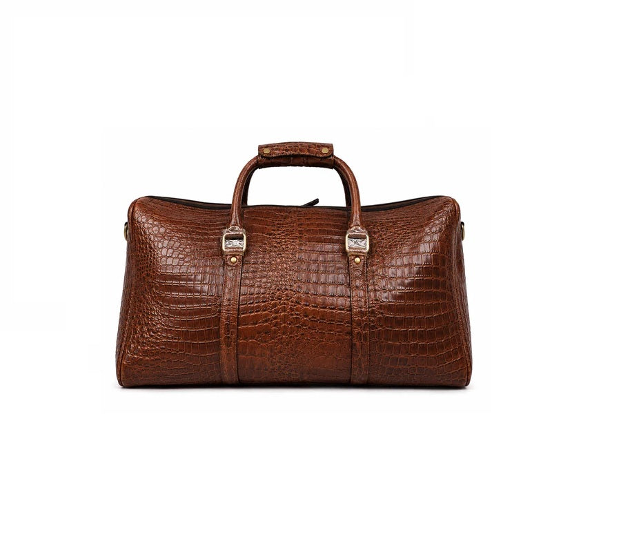 Crocodile Embossed Leather Duffle Bag - Brown