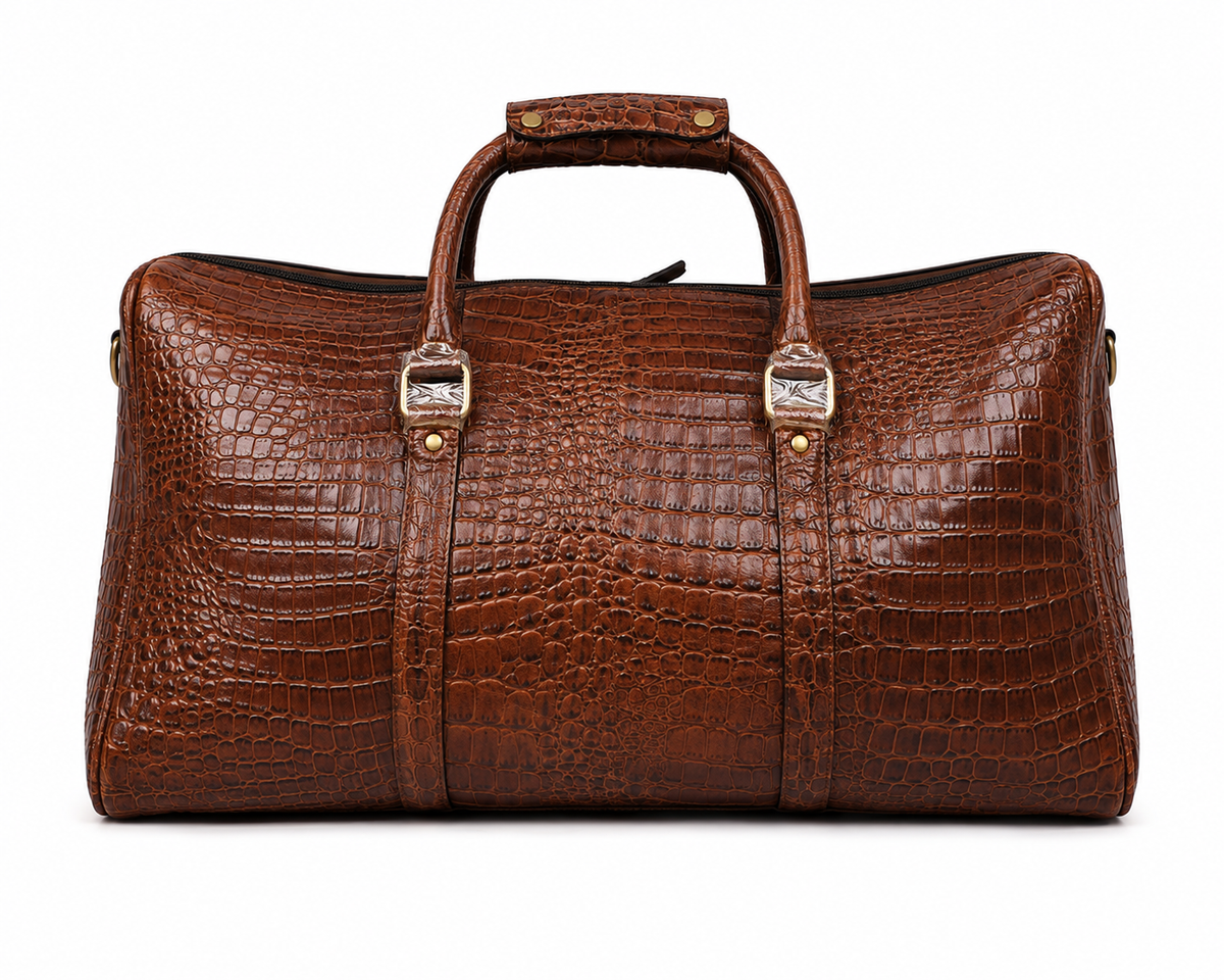 Crocodile Embossed Leather Duffle Bag - Brown