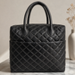 Premium Quilted Genuine Leather Tote Bag - Black