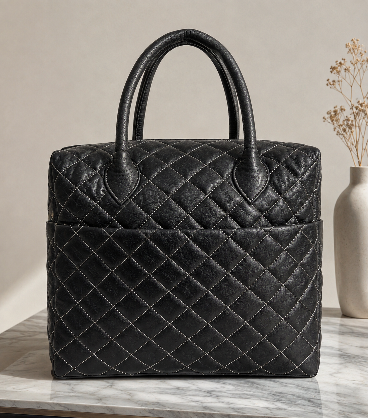 Premium Quilted Genuine Leather Tote Bag - Black
