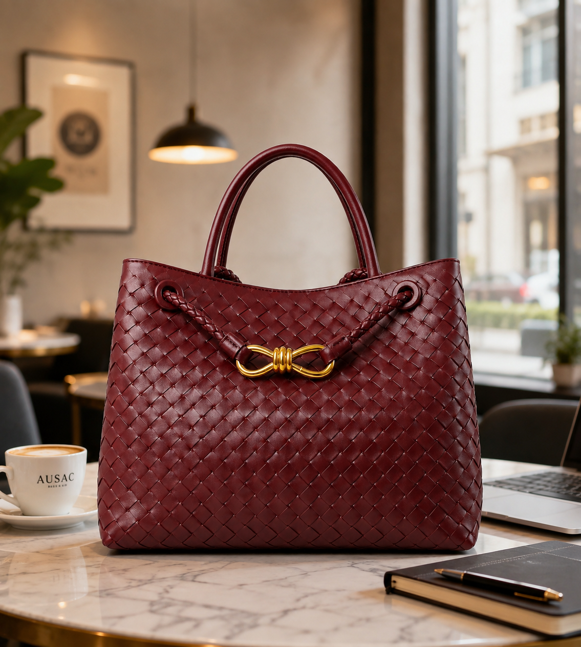 Braided PU Tote Bag - Burgundy