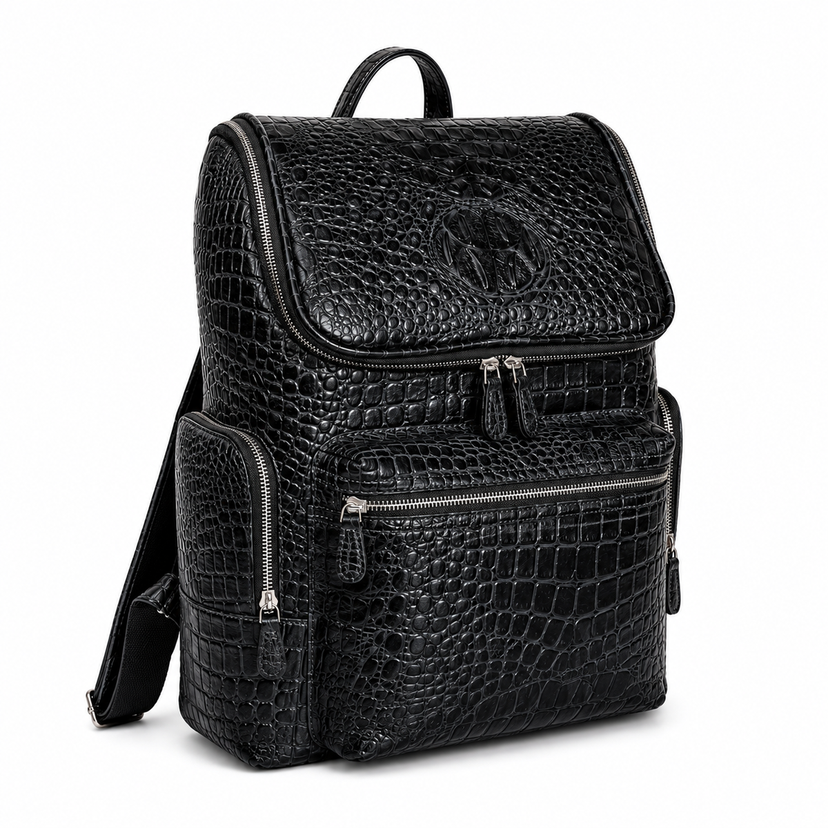 Premium Full-Grain Leather Crocodile Embossed Backpack - Black