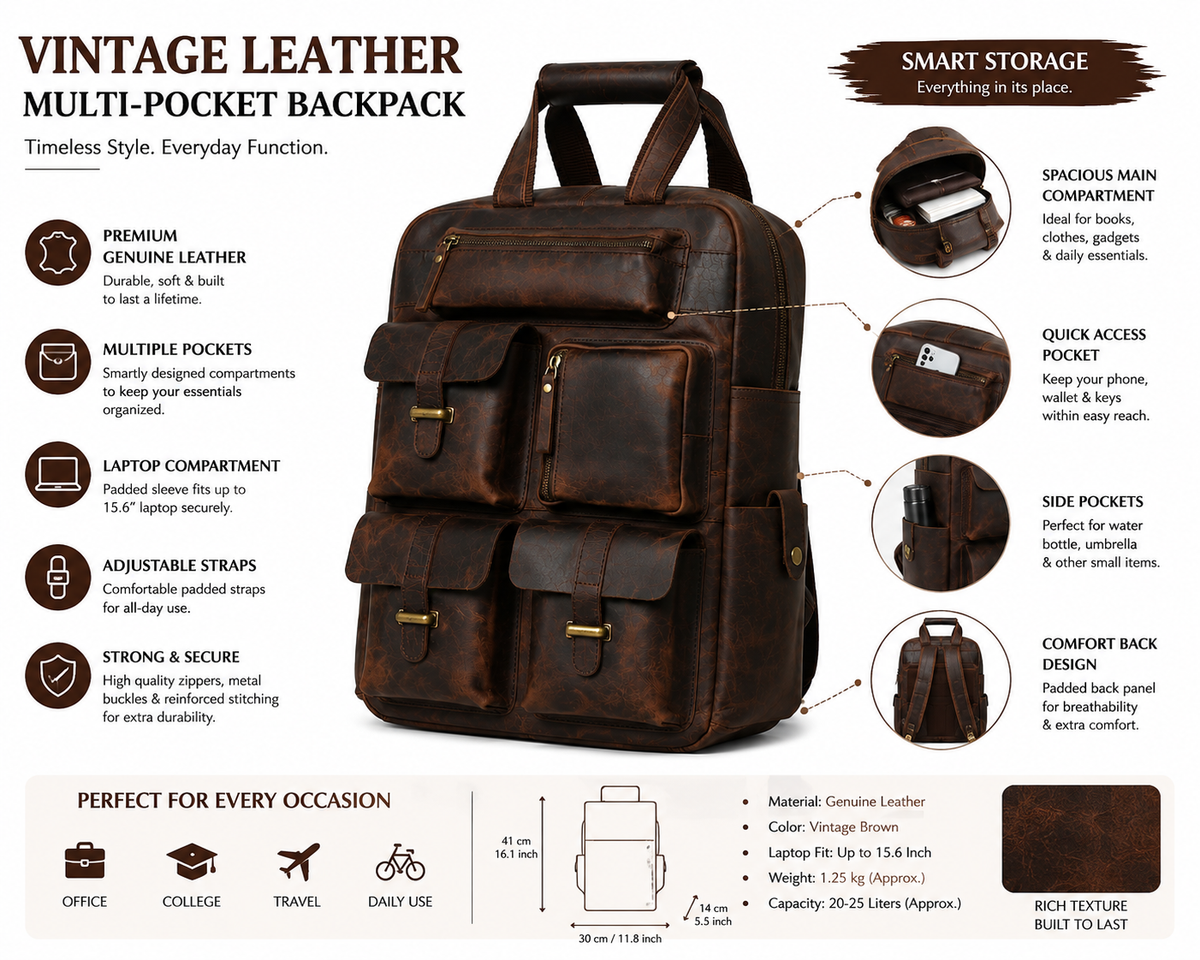 Multi-Pocket Vintage Leather Backpack - Dark Brown